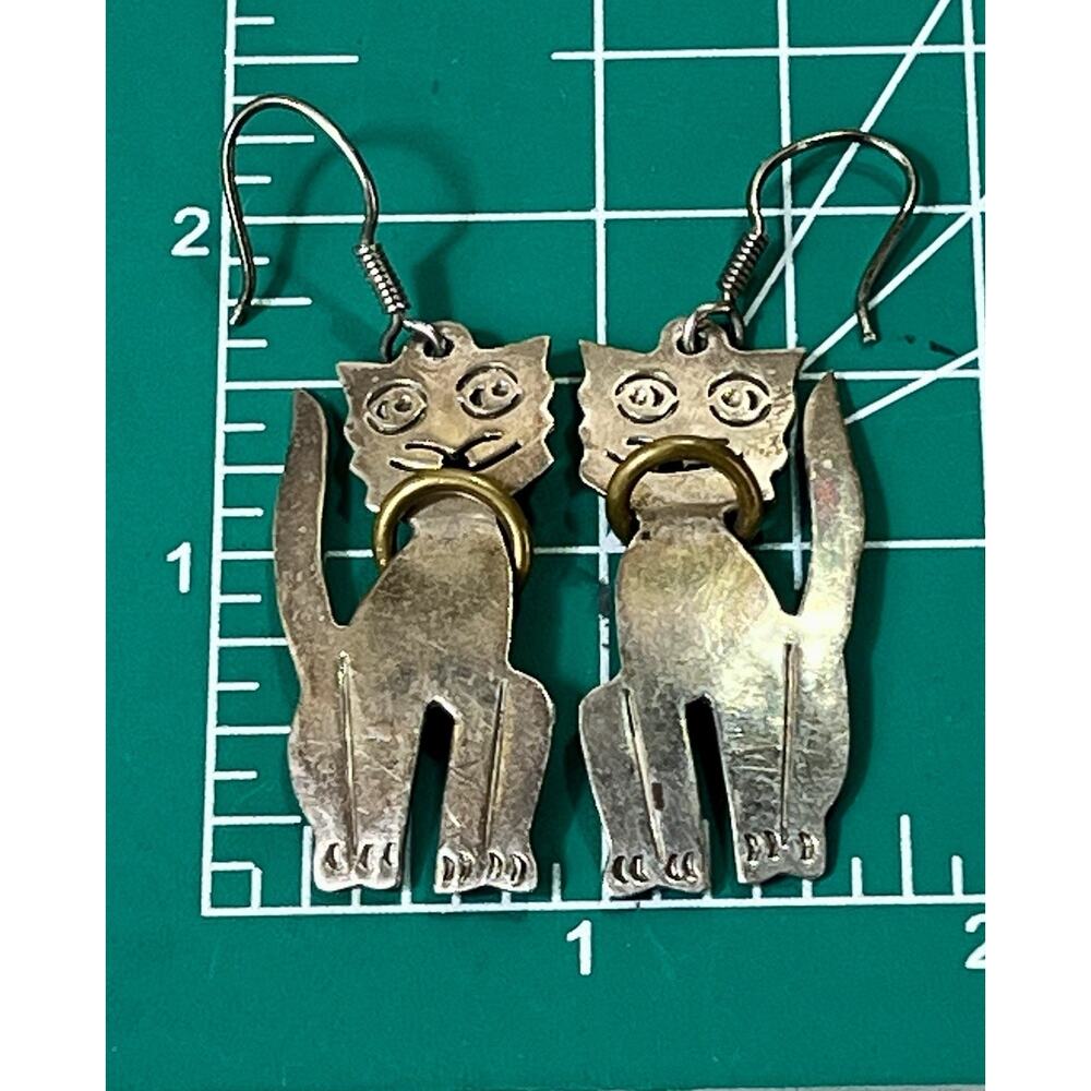 Silver and Gold Cat Dangle Earrings - Women's Jewelry - Picture 15 of 16